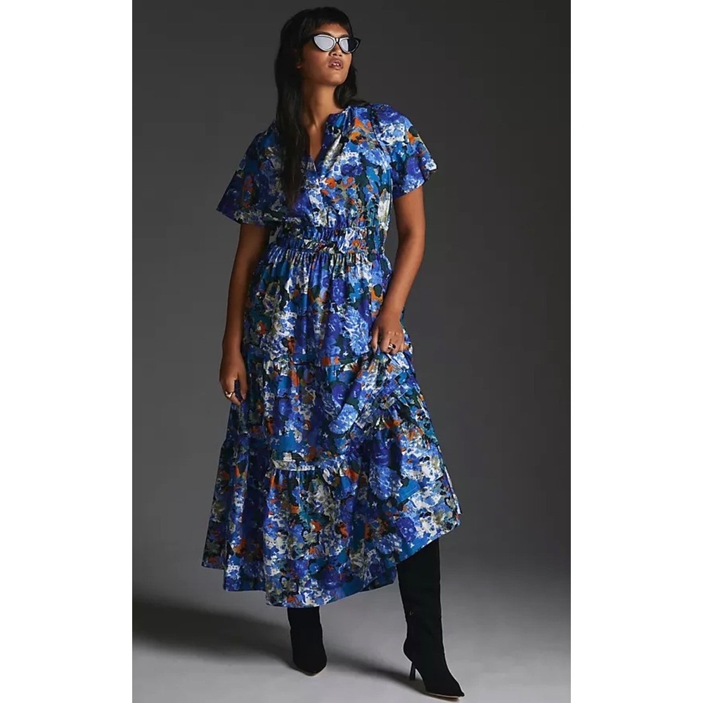 Anthropologie Somerset Maxi Dress M Blue Abstract Floral Cotton Tiered Ruffle
